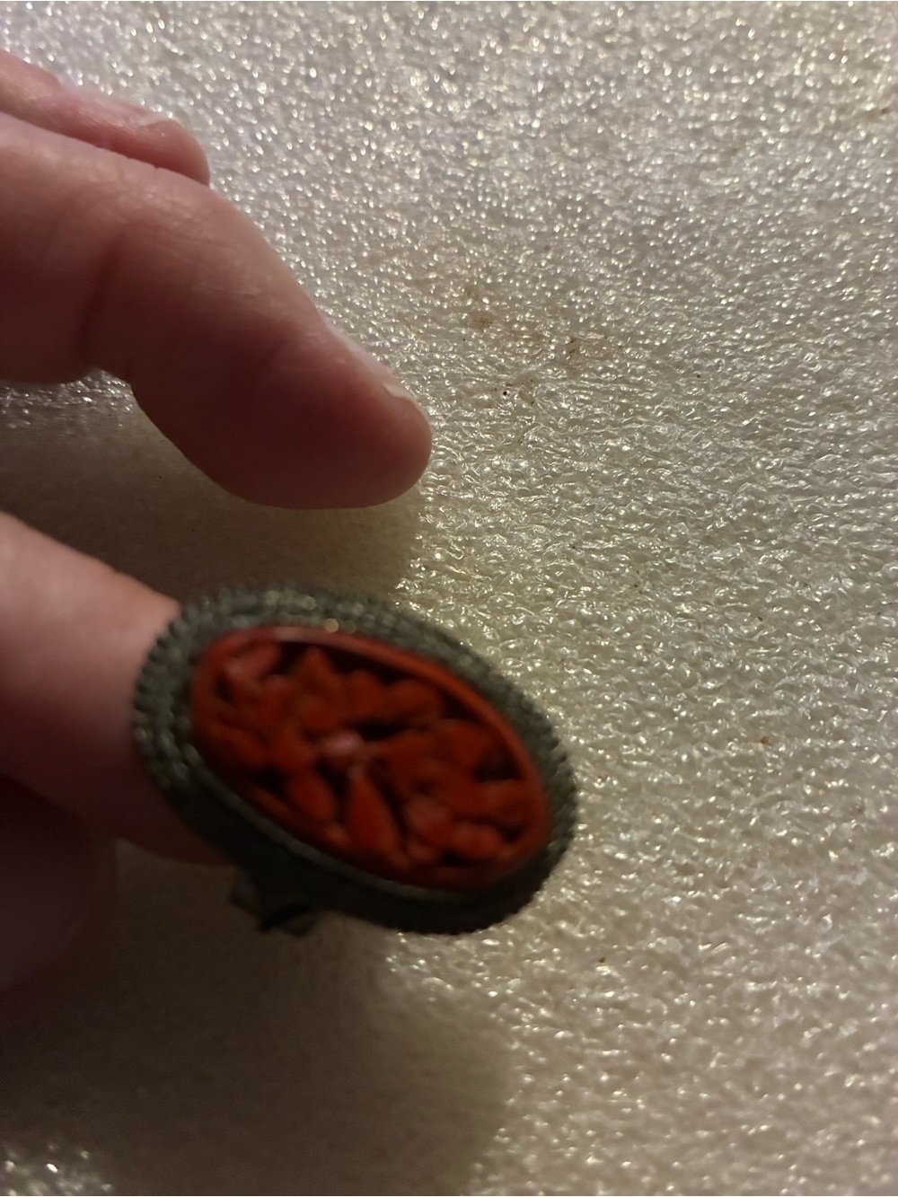 Antique Carved Red cinnabar Oval Ring